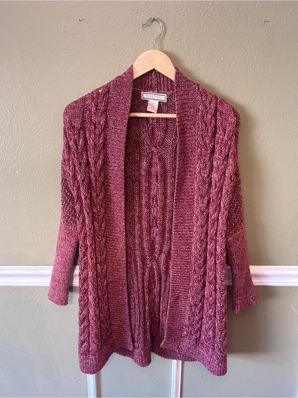 Flying Tomato Open-Front Cable Knit Cardigan duster burgundy Poet Academia